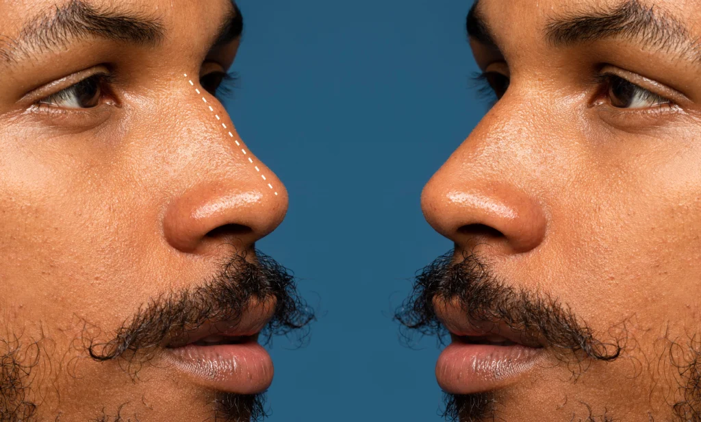 Man before and after rhinoplasty in side view