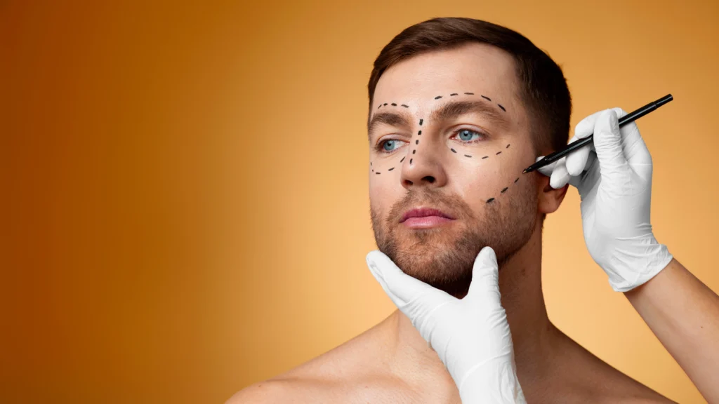 Man getting assessed for male facelift surgery.