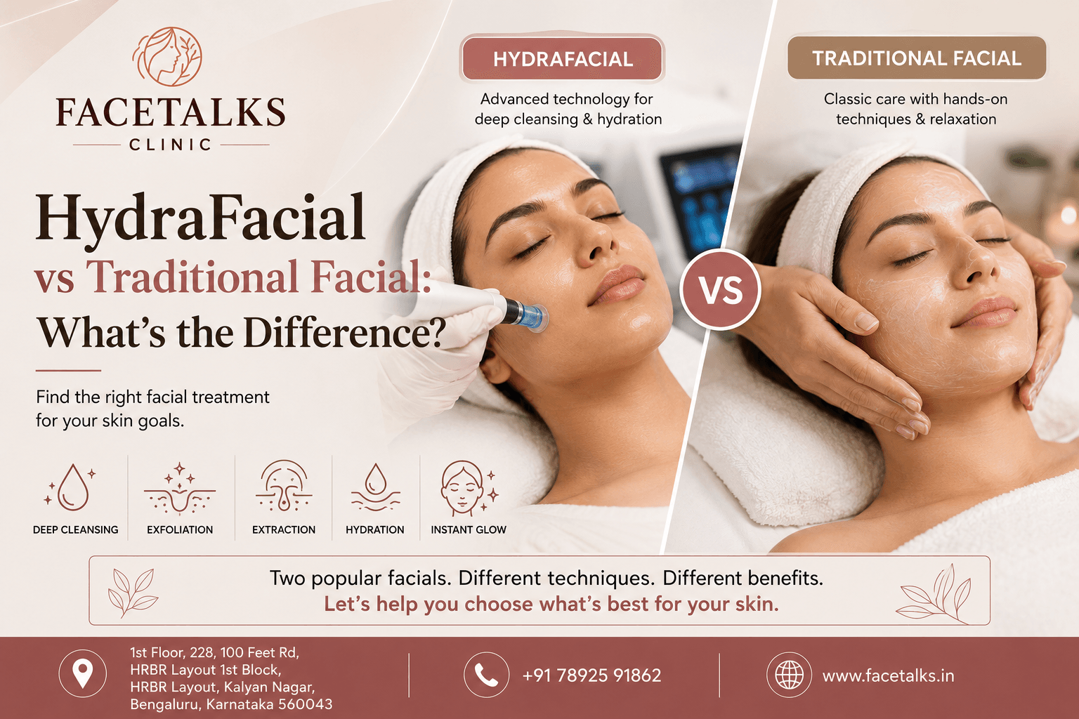 HydraFacial vs traditional facial comparison showing differences in process, exfoliation, extraction, hydration and treatment experience at Facetalks Clinic Bangalore.