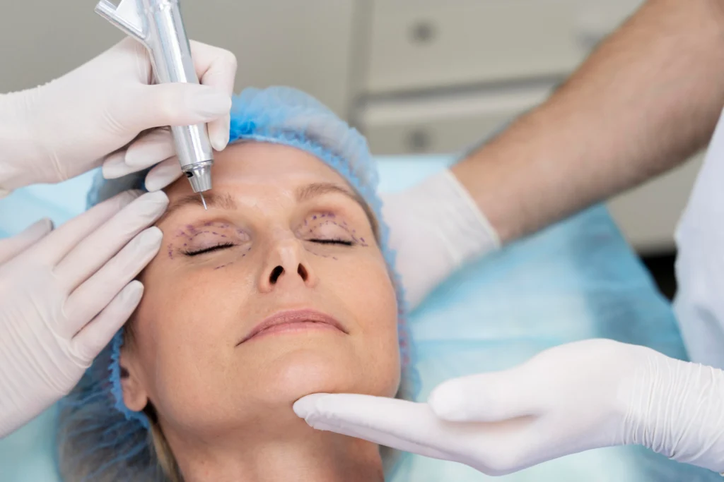 Pre-operative preparation of a woman undergoing upper eyelid and lower eyelid surgery.