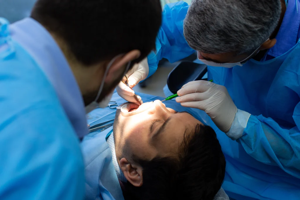 A patient undergoing corrective jaw surgery.