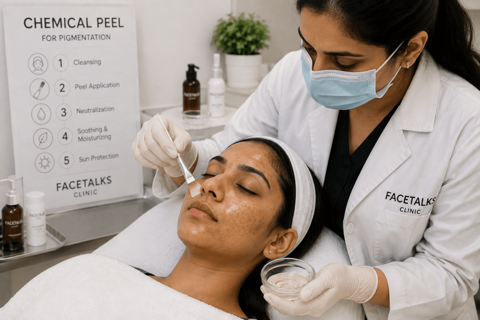 Chemical peel treatment being applied for facial pigmentation in a dermatology clinic
