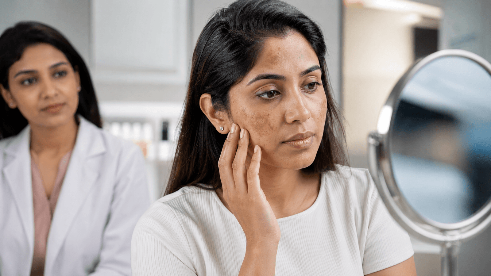 Woman examining facial pigmentation during a skincare consultation in Bangalore