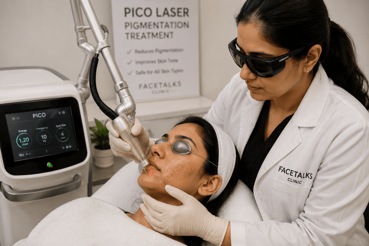 Pico laser pigmentation treatment being performed on a patient in a dermatology clinic