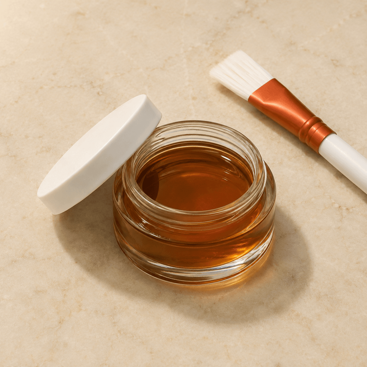 Isometric shot of a glass jar of medium-brown TCA peel solution, lid resting beside it, with a clinical brush accented in terracotta.