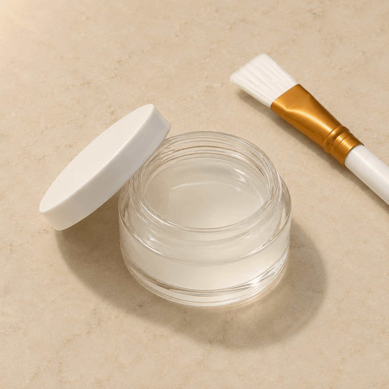 Isometric shot of a glass jar of translucent white Glycolic peel solution, lid resting beside it, with a clinical brush accented in caramel-amber.