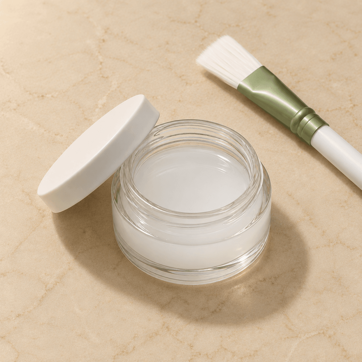 Isometric shot of a glass jar of cloudy white Salicylic peel solution, lid resting beside it, with a clinical brush accented in sage green.