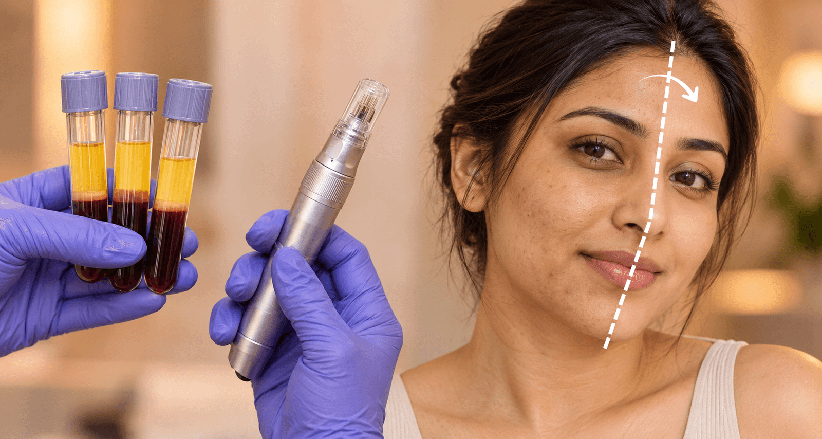 PRP blood tubes and a microneedling dermapen alongside a woman's face showing improved skin from a Vampire Facial treatment at Facetalks Clinic, Bangalore