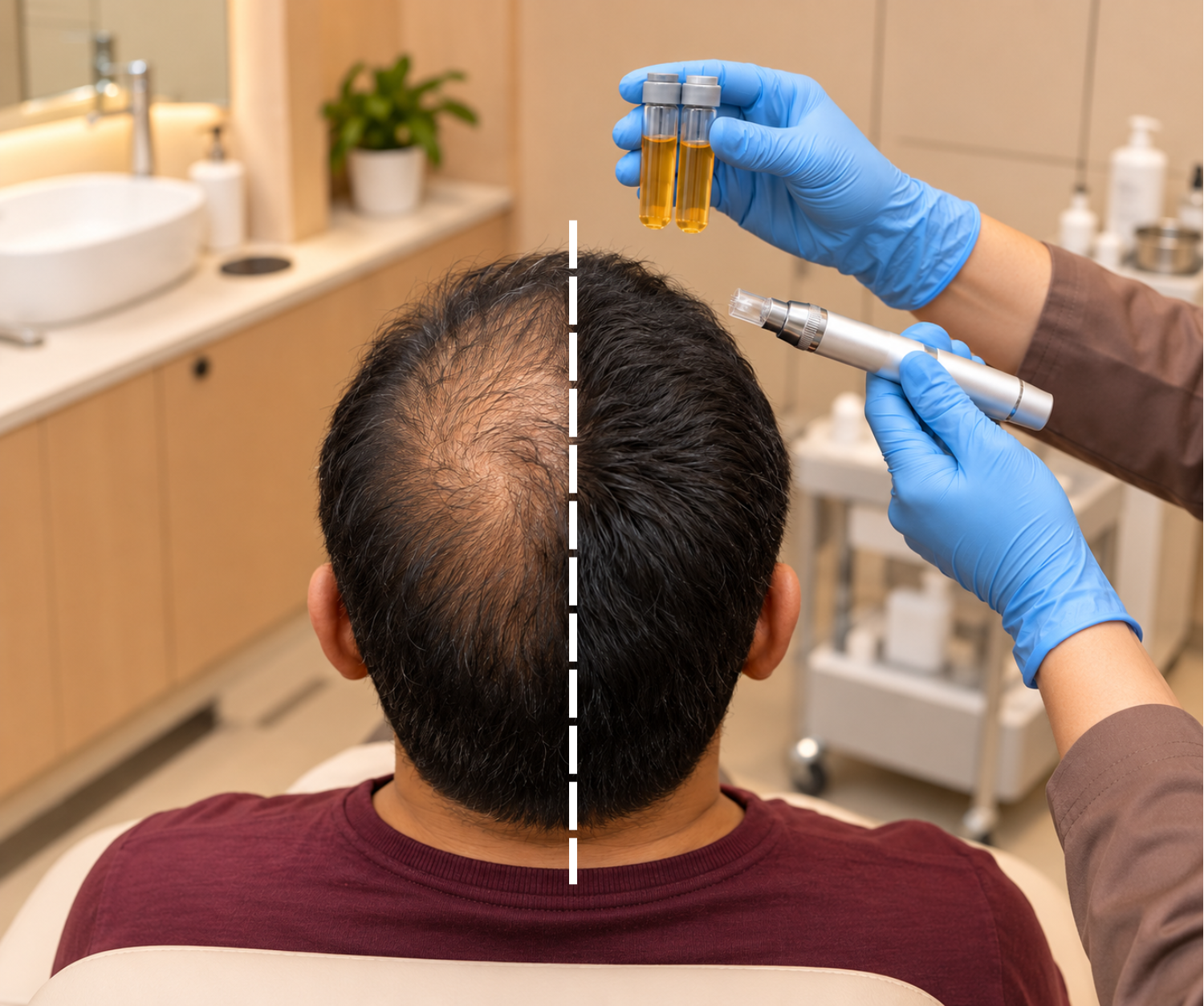 Nurse at Facetalks Clinic Bangalore holding tubes of PRP and a microneedling pen during a PRP hair treatment session